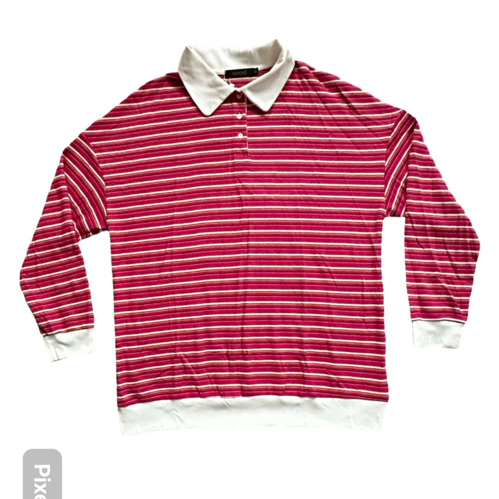 Nenona Striped Waffle Knit Polo Long Sleeve Shirt Pink Cream Women Size 1X.